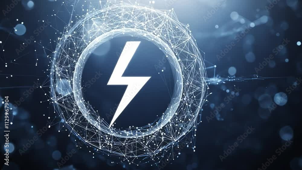 Power of Innovation: Abstract digital lightning bolt encased in a glowing geometric network, symbolizing technological advancement, speed, and energy.  