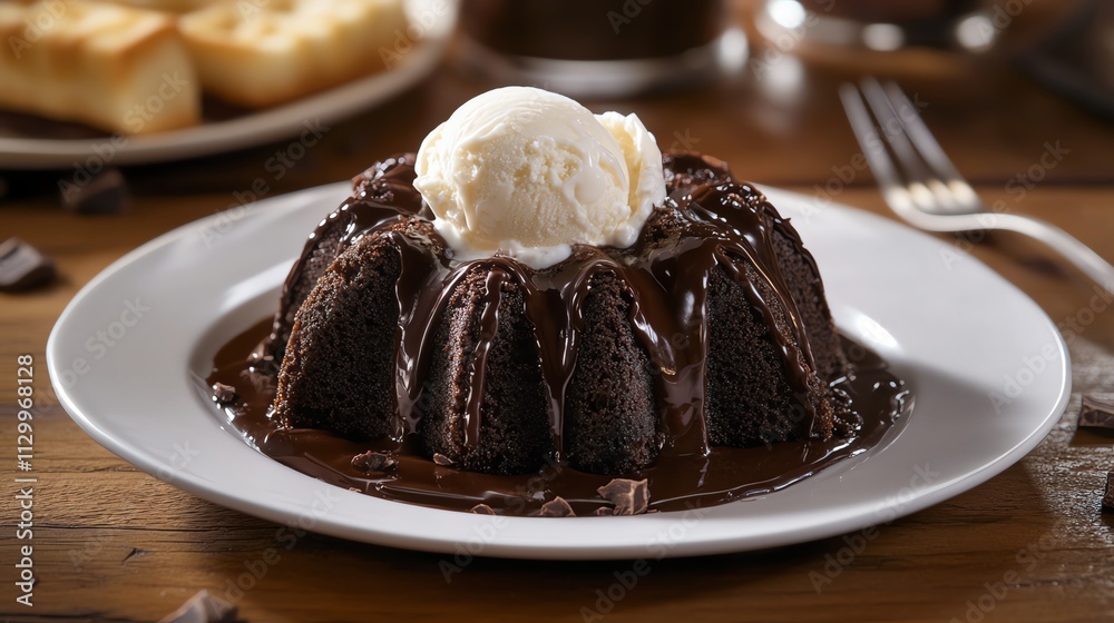Decadent chocolate dessert with ice cream. Decadent chocolate dessert with ice cream.