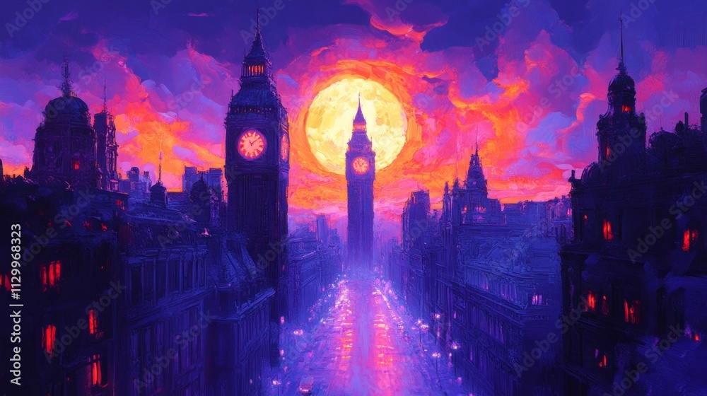 Fototapeta premium Moonlit London by Night | Illustration of a Cityscape at Dusk