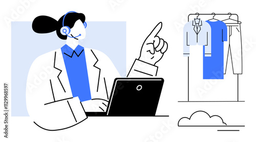 Woman with headset pointing, working on laptop, rack with clothes. Ideal for customer service, fashion, e-commerce, online support, retail helpdesk communication. Abstract line metaphor