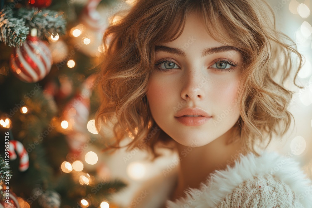 Portrait of a Caucasian young woman with short, curly hair, dressed in a white faux-fur-trimmed Christmas sweater, standing beside a tall Christmas tree decorated with candy canes and twinklin Portrait of a Caucasian young woman with short, curly hair, dressed in a white faux-fur-trimmed Christmas sweater, standing beside a tall Christmas tree decorated with candy canes and twinklin