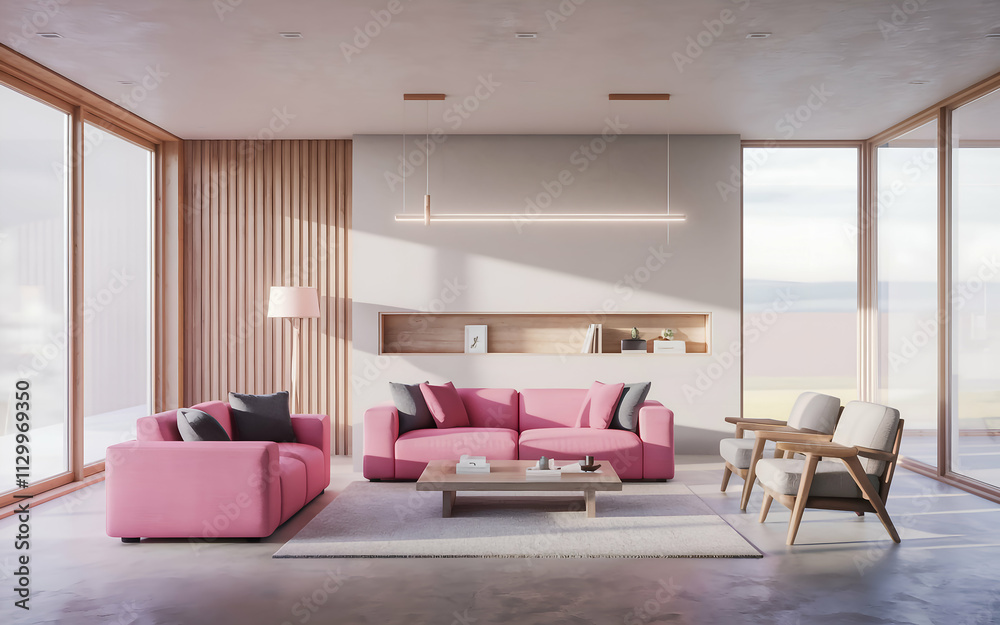 Fototapeta premium modern living room with a large pink sofa and two pink armchairs. The room has wooden , including a wooden coffee table and a bookshelf. There is a potted plant near the window.