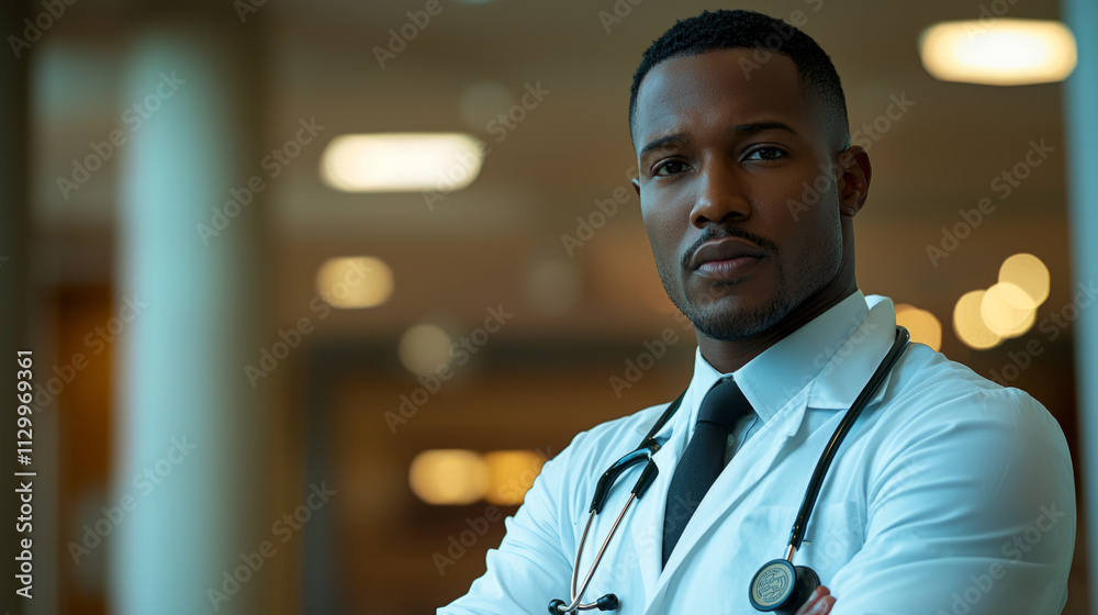 In a contemporary healthcare environment, a dedicated black male doctor stands confidently with his arms crossed. Focused and professional, he embodies compassion and expertise in his field In a contemporary healthcare environment, a dedicated black male doctor stands confidently with his arms crossed. Focused and professional, he embodies compassion and expertise in his field