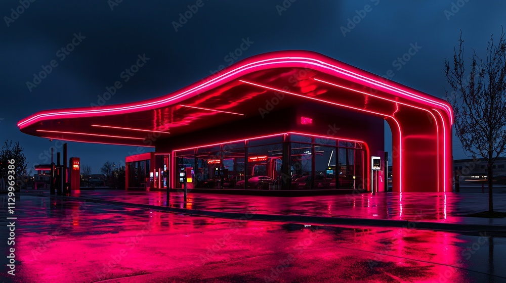 Futuristic electric vehicle charging station at night, illuminated with neon pink lights, reflecting in wet pavement. Futuristic electric vehicle charging station at night, illuminated with neon pink lights, reflecting in wet pavement.