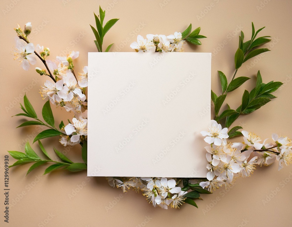 Empty white paper blank, flowers, branches on beige background. Generated image Empty white paper blank, flowers, branches on beige background. Generated image