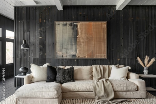 Wallpaper Mural Farmhouse country-style modern living room with a beige sofa, black wooden wall, and textured accents creating a cozy and sophisticated interior design Torontodigital.ca