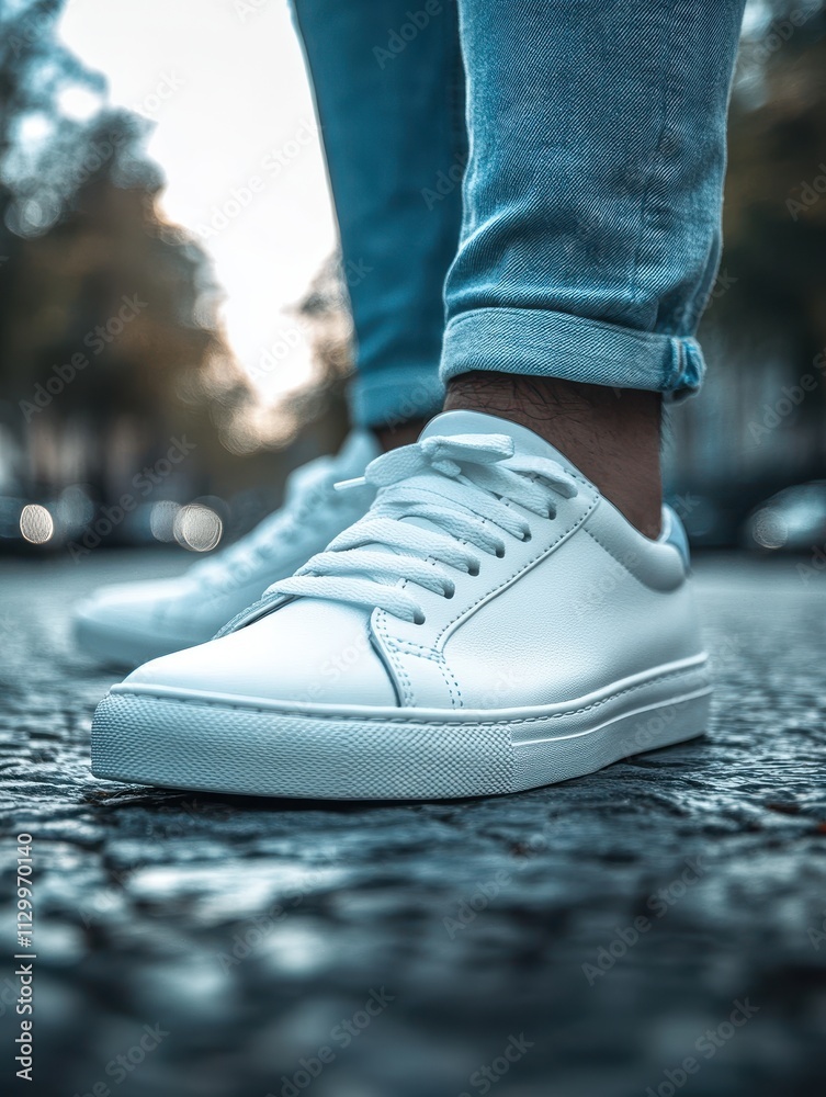 White Lace-up Sneaker Against Urban Backdrop, Close-Up Detail, for Streetwear and Fashion Advertisements White Lace-up Sneaker Against Urban Backdrop, Close-Up Detail, for Streetwear and Fashion Advertisements