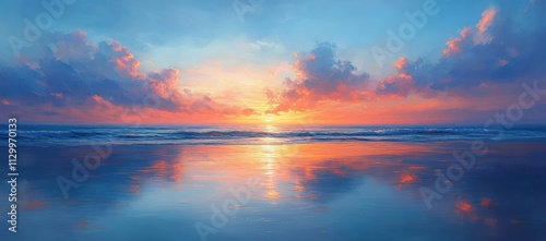 Serene Sunrise Seascape with Vibrant Colors and Calm Waters at Tropical Beach