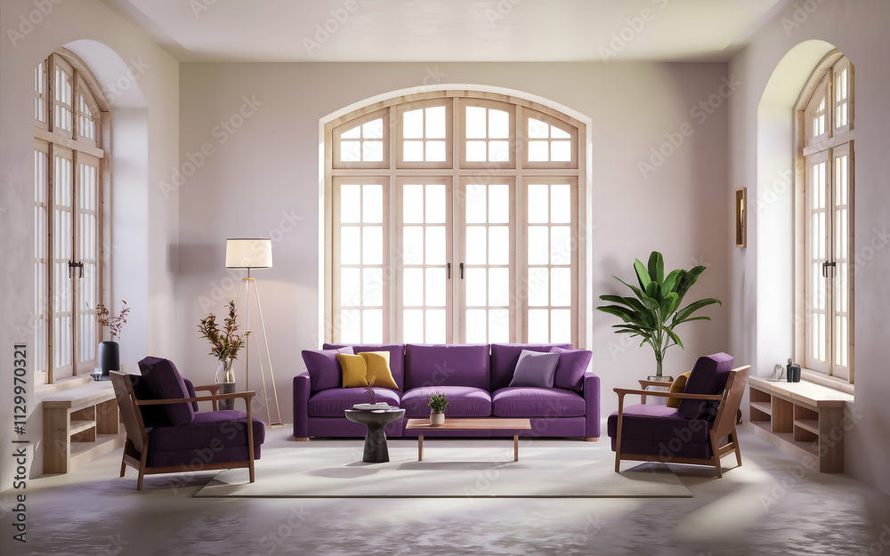 Fototapeta premium modern living room with a large purple sofa and two purple armchairs. The room has wooden , including a wooden coffee table and a bookshelf. There is a potted plant near the window.