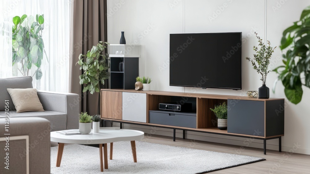 Modern living room with TV, sofa, plants, and coffee table. Modern living room with TV, sofa, plants, and coffee table.