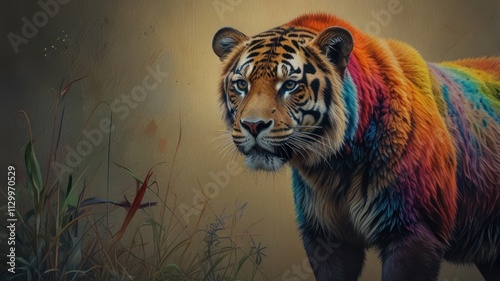 Rainbow Hues Adorn Majestic Tiger In Wild Grass