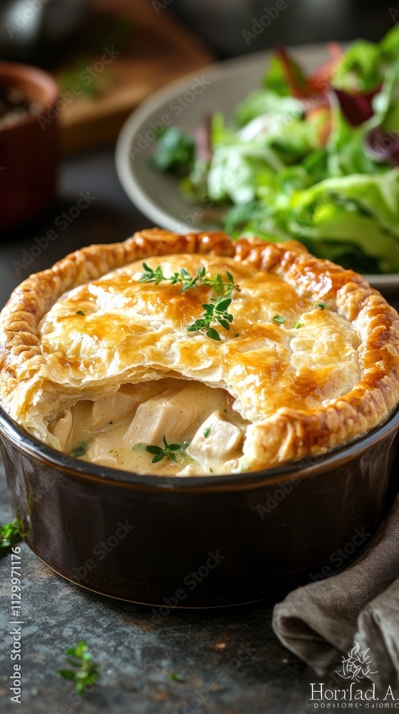 A delicious chicken pot pie served with a fresh salad on the side. A delicious chicken pot pie served with a fresh salad on the side.