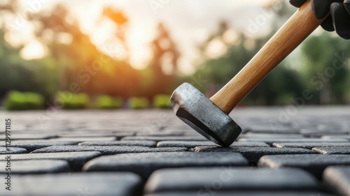 A close-up view of a hammer striking cobblestones during a sunny day, showcasing craftsmanship in landscaping or construction.