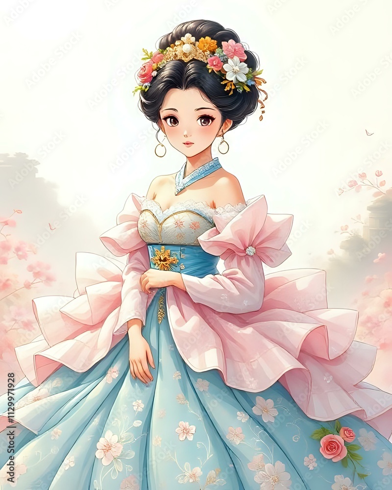 illustration d'une petite princesse asiatique dans une magnifique robe bouffante rose illustration d'une petite princesse asiatique dans une magnifique robe bouffante rose