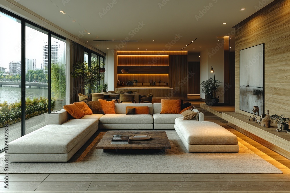 Naklejka premium Scandinavian Living Room Interior with Wooden Paneling and Ambient Lighting