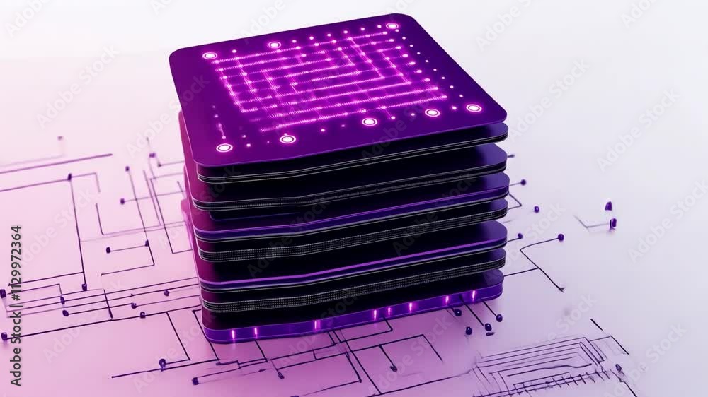 Purple Circuit Board: A stack of purple circuit boards with a glowing pink pattern on top. This image represents the intricate details of technology and innovation.  