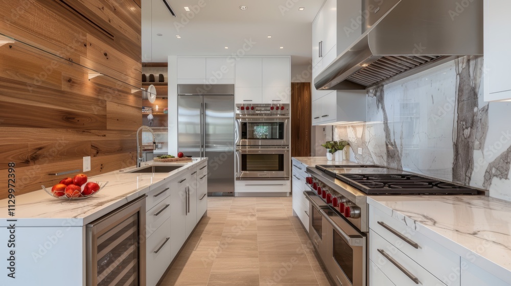 A contemporary kitchen with white cabinets, marble countertops A contemporary kitchen with white cabinets, marble countertops