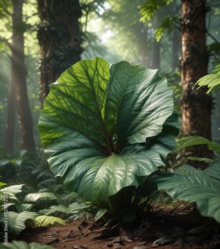 Alocasia Regal Shield in a forest-like environment with dappled light, greenery, photo