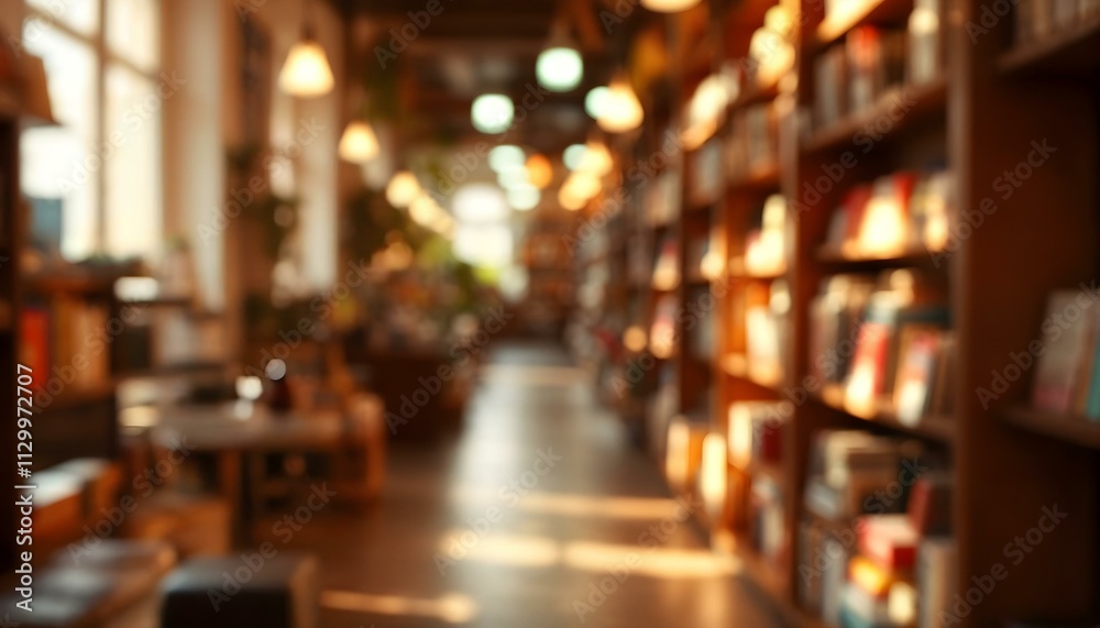 Quaint cozy bookstore setting blurry backdrop with rows of bookshelves in natural light Quaint cozy bookstore setting blurry backdrop with rows of bookshelves in natural light