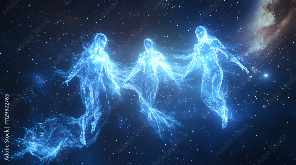 Three glowing figures in space, connected by energy. Solaris. Illustration Three glowing figures in space, connected by energy. Solaris. Illustration