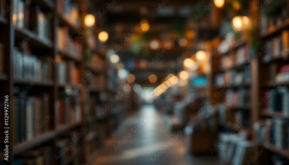 Quaint cozy bookstore setting blurry backdrop with rows of bookshelves in natural light