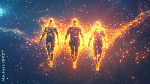 Three glowing figures in space, connected by energy. Solaris. Illustration photo