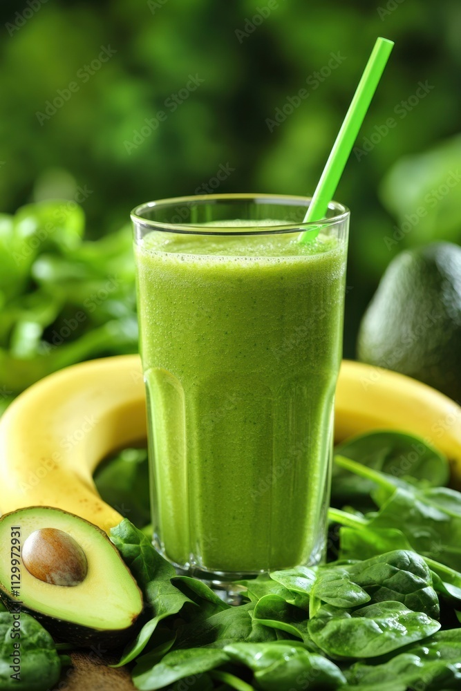 A refreshing green smoothie in a glass, surrounded by banana and avocado on leafy greens. A refreshing green smoothie in a glass, surrounded by banana and avocado on leafy greens.