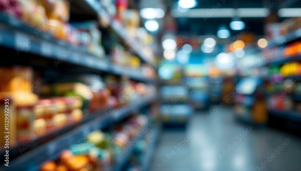View of a blurry grocery store aisle with rows of shelving full of food products View of a blurry grocery store aisle with rows of shelving full of food products