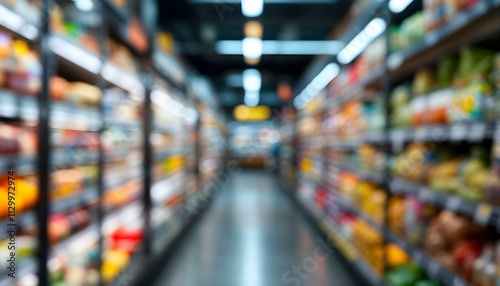 View of a blurry grocery store aisle with rows of shelving full of food products 