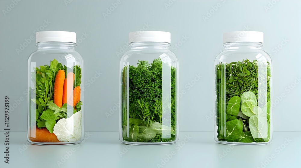 Fresh Vegetables in Clear Jars on a Light Background Fresh Vegetables in Clear Jars on a Light Background