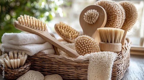 Wooden body brushes in wicker basket. Perfect for spa, wellness, or hygiene concepts.