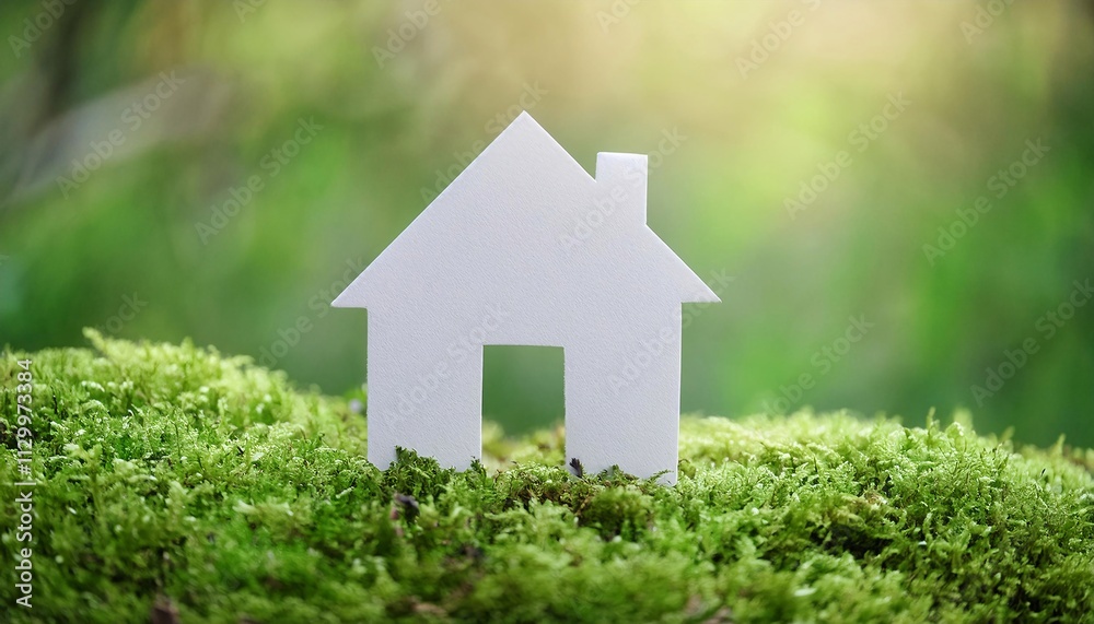 Illustration of an environmentally friendly house made of paper, standing on a bed of moss in a park. Illustration of an environmentally friendly house made of paper, standing on a bed of moss in a park.