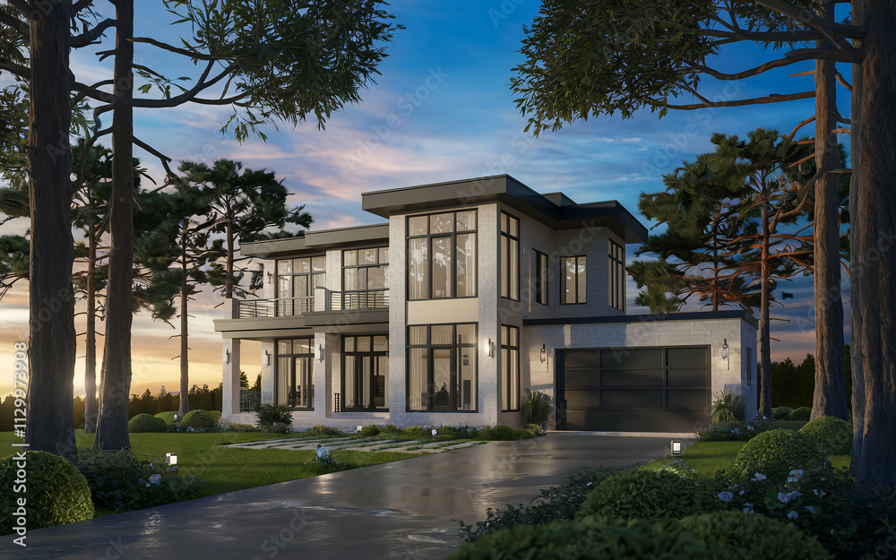 beautiful modern-style two-story white villa with large windows, a garage, and a beautiful outdoor garden surrounded by large trees. The villa is set against a backdrop of a blue sky at sunset. beautiful modern-style two-story white villa with large windows, a garage, and a beautiful outdoor garden surrounded by large trees. The villa is set against a backdrop of a blue sky at sunset.
