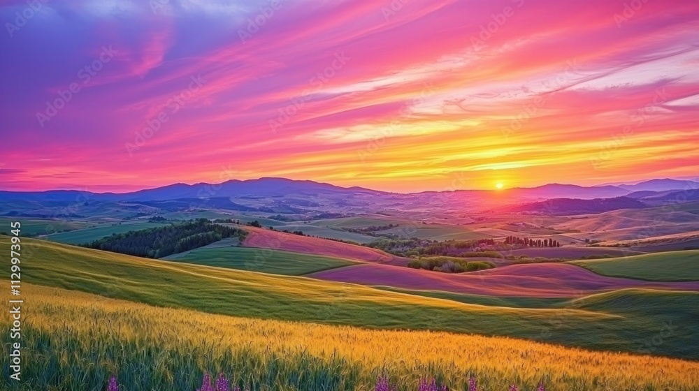 Fototapeta premium A colorful sunset over rolling hills and fields, providing a warm and vibrant nature background