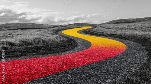 A colorful, unconventional path leading through a grayscale landscape, symbolizing a unique and different approach