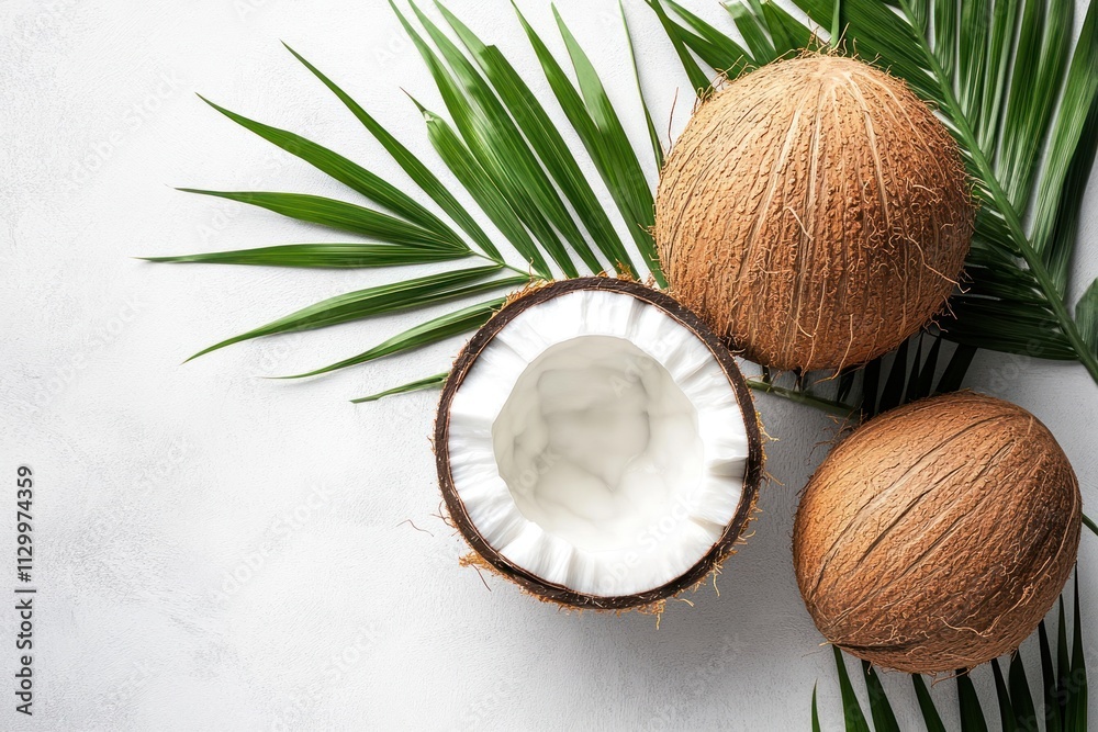Tropical Coconut Composition with Palm Leaf Tropical Coconut Composition with Palm Leaf