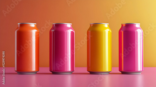 Vibrant Colored Aluminum Cans, Arranged in a Row on Pink Surface, Reflecting Light Beautifully