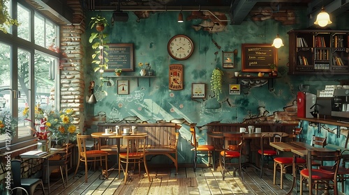 Enjoying coffee moments cozy urban digital art inviting interior wide angle view creative ambiance for coffee lovers