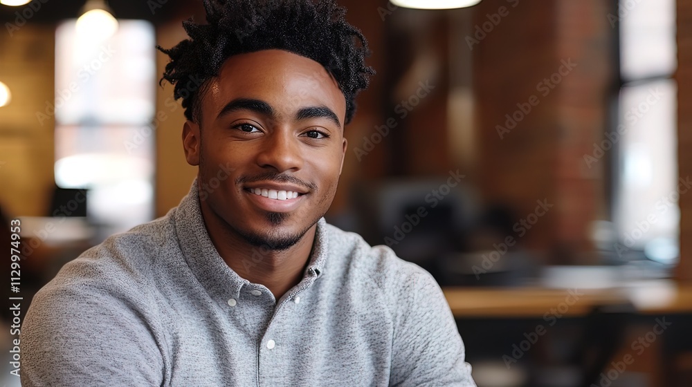 Smiling young African American man in modern office. Smiling young African American man in modern office.