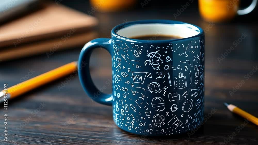 Coffee mug on wooden table with stationery items and artistic design.
