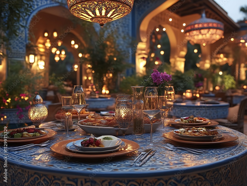 Obraz premium Romantic Outdoor Dinner Setting With Moroccan Lanterns