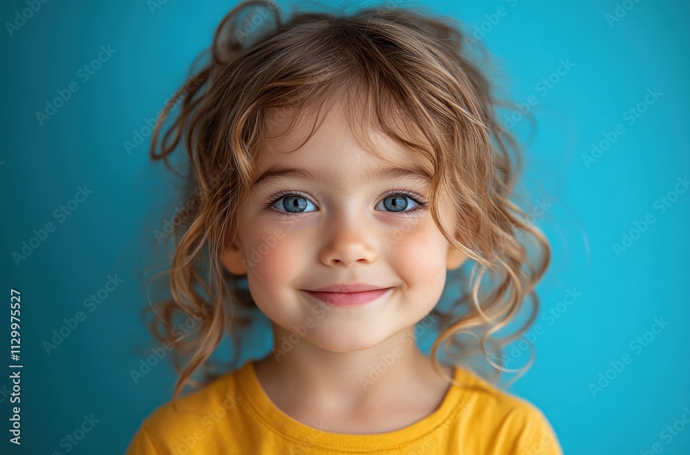 Cheerful Asian Child in Yellow Shirt on Blue Background Cheerful Asian Child in Yellow Shirt on Blue Background