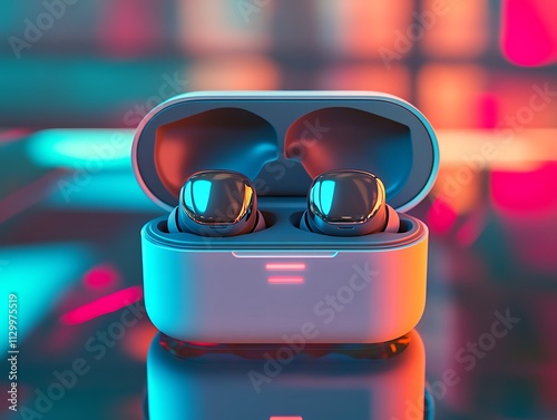 A pair of Bluetooth earbuds inside an open case on a glass table capturing fine details with soft reflections and vibrant lighting. photo