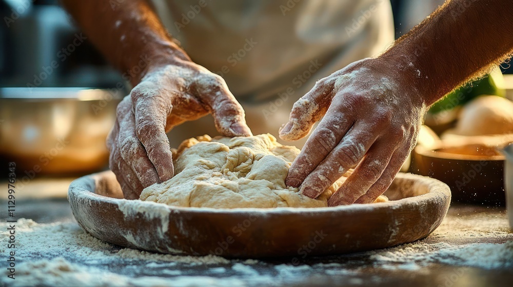 Hands Kneading Pizza Dough in Rustic Kitchen with Soft Natural Lighting Hands Kneading Pizza Dough in Rustic Kitchen with Soft Natural Lighting