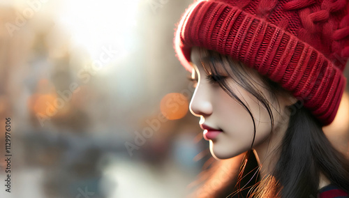 A red knit beanie worn by a young Chinese woman in profile view. The cozy soft light on blurred background photo