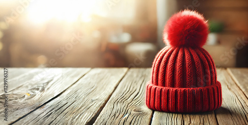 A moukup of cozy red knit beanie with a pom-pom on top, sitting on a rustic wooden surface photo