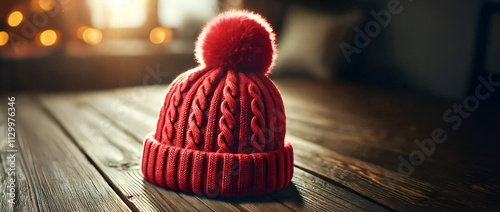 A moukup of high-quality, realistic image of a cozy red knit beanie with a pom-pom on top, sitting on a rustic wooden surface photo