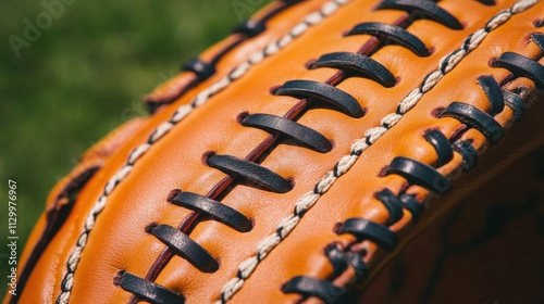 The pattern of stitches on a baseball player's batting glove, outdoor setting with baseball field backdrop, Elegant style photo