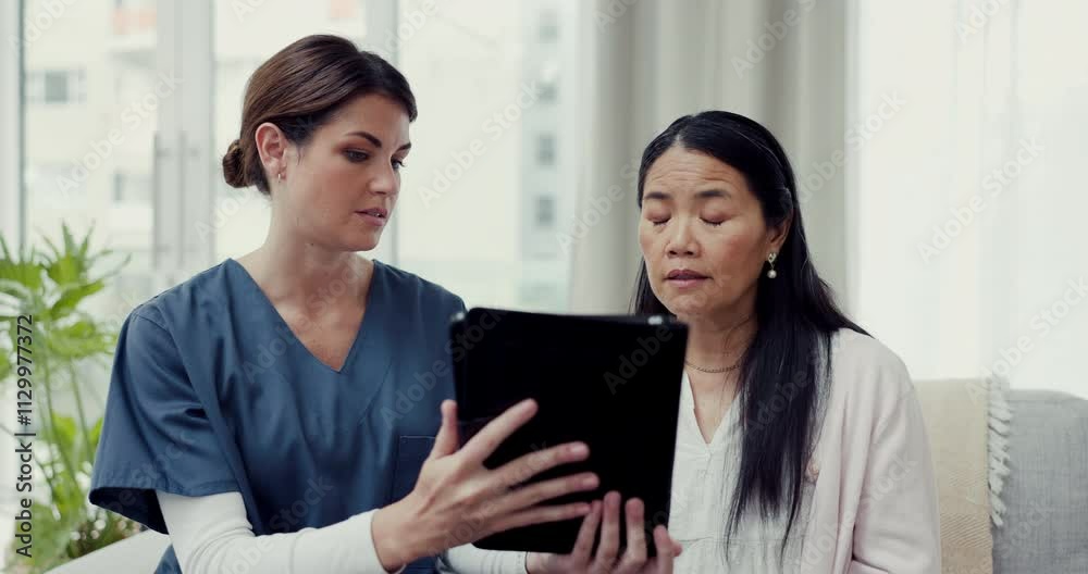 Crying, sad woman and nurse with tablet for medical results, report and bad news of rehabilitation. Cancer, healthcare and doctor or caregiver with mature person, support and empathy in consultation Crying, sad woman and nurse with tablet for medical results, report and bad news of rehabilitation. Cancer, healthcare and doctor or caregiver with mature person, support and empathy in consultation