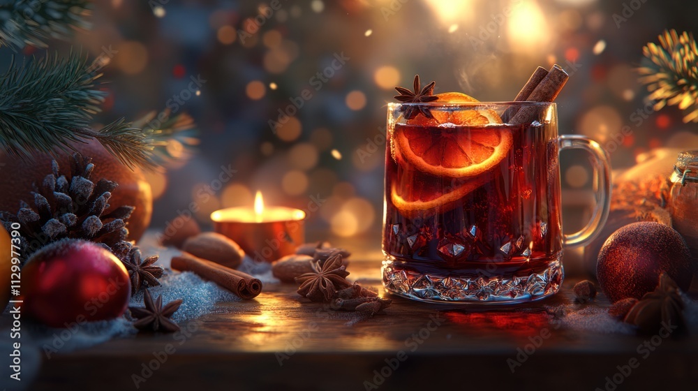 A cozy drink with spices and citrus, set against a festive backdrop. A cozy drink with spices and citrus, set against a festive backdrop.